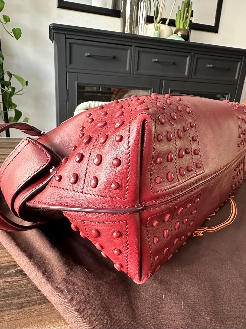 Tod's Deep Red Leather Satchel with Studded Trim